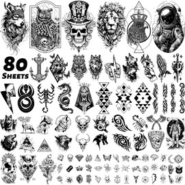 winthrop 80 Sheets Tiny Temporary Tattoos for Adult – Black Theme Waterproof Body Art Realistic Tattoos Stickers, Include Lion Wolf Tiger Owl Skeleton Skull