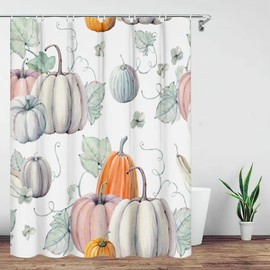 BIVINAR Fall Pumpkin Shower Curtain, Watercolor Autumn Pumpkin Happy Thanksgiving Harvest Fabric Bathroom Shower Curtain with 12 Hooks, 72x72 Inch