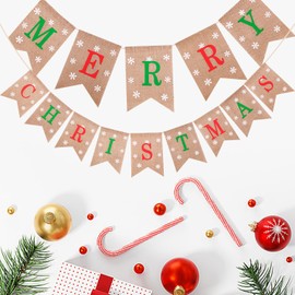 MEISH Merry Christmas Burlap Bunting Banner Merry Christmas Banner Reusable Christmas Hanging Bunting Garland Xmas Decoration Supplies for Christmas Party