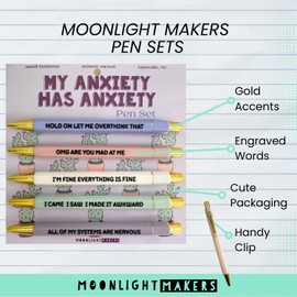 Moonlight Makers My Anxiety Has Anxiety Ballpoint Pens - Set of 5 Black Ink Pens - Funny Pens for Coworkers, Cute Pens, Office Desk Accessories, Snarky Best Friend Gifts