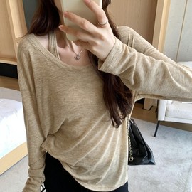 [Overseas] 2 types of thin, sleeveless vests with a relaxed and loose feel, long-sleeved T-shirts, and UV-blocking blouses Black/M 2ea
