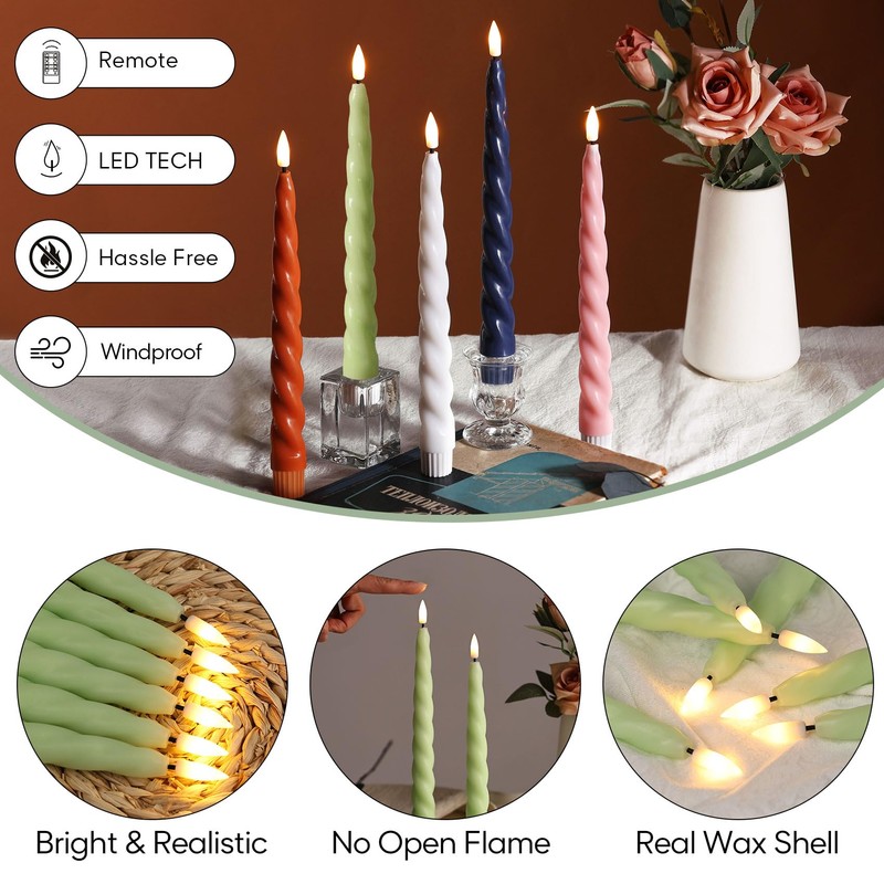 Girimax Spiral Flameless Taper Candles with Remote, Green Candles Battery