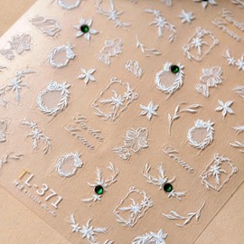 QEYRIYI White Flowers Nail Art Stickers for Nail Art 5D Embossed White Floral Nail Decals with Green Rhinestones Designs Self-Adhesive Gem Nail Sticker Supplies for Women DIY Manicure Decorations