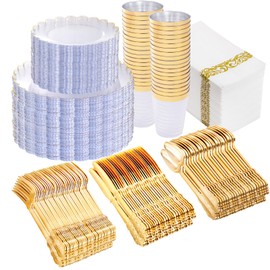 LIYH 350 Pcs Clear and Gold Plastic Disposable Dinnerware Set - Plastic Gold Scalloped Plates Include Disposable Dinner & Dessert Plates Silverware, Cups Napkins for Birthday Bridal Wedding