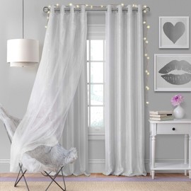 Elrene Home Fashions Aurora Solid Faux Silk with Sheer Sparkle Overlay Room Darkening Window Curtain Panel, 52" W x 108" L (1, Pearl Gray