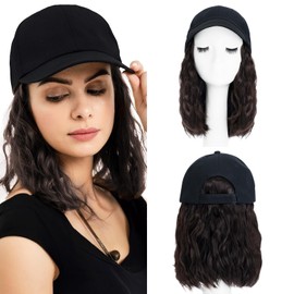 SEGO Wig Cap with Hair Extension with Baseball Cap Bob Wig Hair Extensions Wavy Hairpiece Like Real Hair Women 20 cm Dark Brown