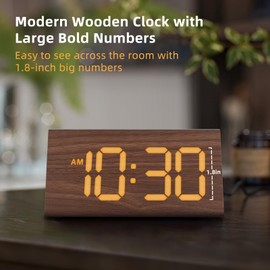 Odokee Wooden Digital Alarm Clock for Bedroom: Electric Desk Clock with Large LED Display - Brown