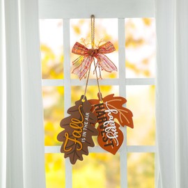 Glitzhome 24.5" H Fall Wooden Maple Leaves Bowknot Door Hanger - Autumn Welcome Harvest Wall Decor, Thanksgiving Plaque Sign, Farmhouse Style - Easy Hang for Indoor/Covered Porch, Housewarming Gift