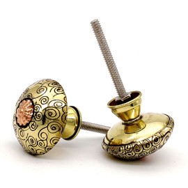 5MoonSun5's Brass and Copper Door Knobs/Drawer Pulls Dresser Door Knobs/Pull and Push Handle Knobs for Cabinets, Wardrobes & Kitchen Cupboards/ Handmade Classic Hardware Decor Engraved 36 mm Set of 6