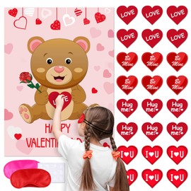 ELECLAND Pin The Heart on The Bear Valentines Party Game for Kids, Valentines Heart Stickers, Valentine's Day Party Decorations, Birthday Party Supplies, Teddy Bear Party Decorations