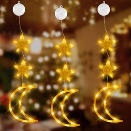 Forhome Pack of 3 Moon Warm Light Strine, Star Moon LED Light Strine, Atmosphere Light Pendant with Suction Cup Hook, Suitable for Window Decoration Scene Layout during Christmas and Eid al Fitr
