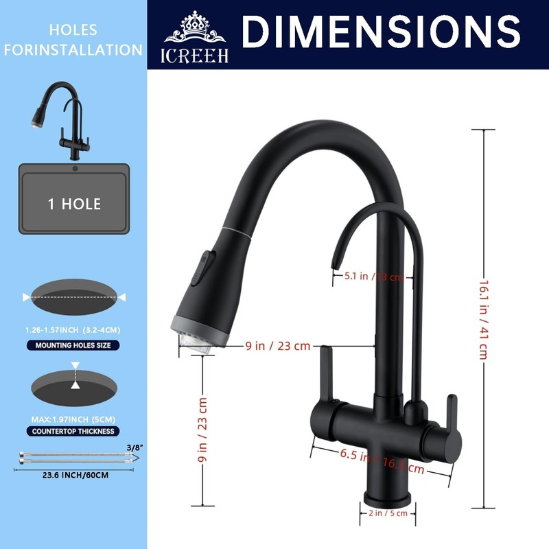ICREEH Matte Black 2 in 1 Kitchen Sink Faucet -