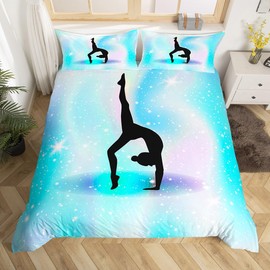 Homewish Gymnastics Duvet Cover Single, Gymnastics Lover Bedding Set Gymnastics Gifts for Girls, Space Star Glitter Comforter Cover Tie Dye Starry Sky Quilt Cover Rainbow Decor, Teal Blue