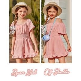 Arshiner Girl's Boho Short Sleeve Cute Tie Back Ruffle Off Shoulder High Waist Smocked Shorts Romper Jumpsuit Set 6-7 Years