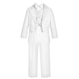 Little Boys White Baptism Christening Paisley Lapel Tuxedo with Silver Maria Estola Scarf size 7