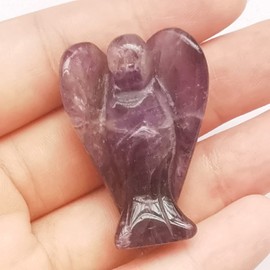 Manekieko Natural Amethyst Healing Crystal Prayer Guardian Angel Statue, 38 mm Carving Bag Palm Stone Figures Decoration