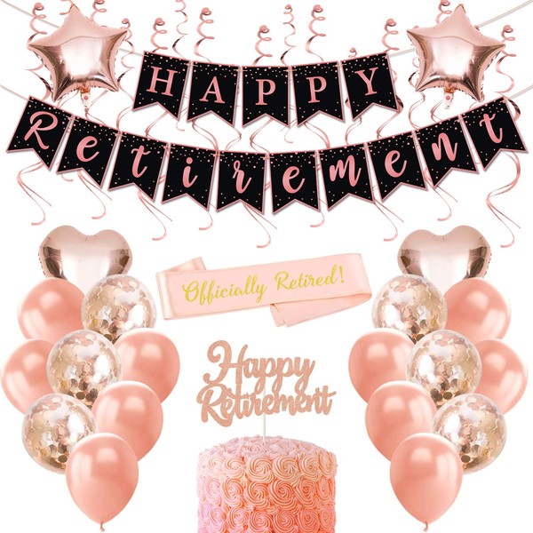 Retirement Party Decorations for Women Rose Gold Happy Retirement Banner Cake Topper Officially Retired Sash Rose Gold Confetti Balloons Foil Swirls Decorations Ideal for Women Retirement Party Supplies