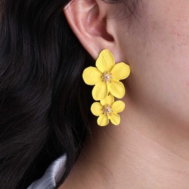 Inateannal Boho Large Flower Earrings Yellow Double Flower Earrings Resin Flower Drop Earrings Exaggerated Flower Dangle Earrings Matte Floral Stud Earrings Jewelry for Women