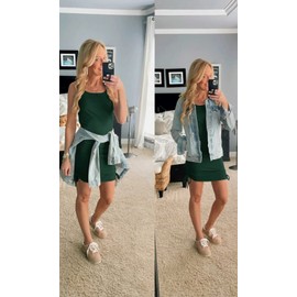 Wenrine Women Bodycon Mini Dress Sleeveless Ruched Drawstring Basic Party Club Tight Tank Dresses Blackish Green