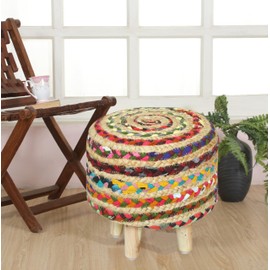 VEVARA HOMES Ottoman Storage Stool Cover with Natural Jute Round Footrest Poufs Multifunctional Storage Box Side Table Coffee Table for Home Décor, 13X13X12 Inch