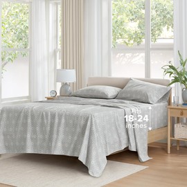 Comfort Spaces Extra Deep Pocket Sheets, 100% Cotton Sheets Queen Fits up to 24" Mattress, Breathable, Naturally Cool Cotton Sheets, Soft Cotton Sheets, All Seasons Sheet Set, Adelia Grey 4 Piece