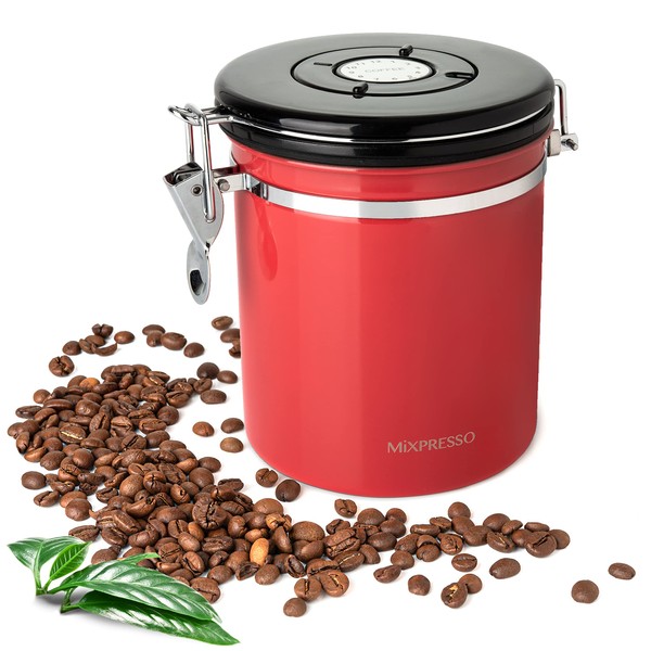 Mixpresso Stainless Steel Airtight Coffee Container with Date Tracking, Vacuum Sealed Airtight Container, coffee jar 16 Ounces Coffee Canister For Ground Coffee, Red Coffee Vault