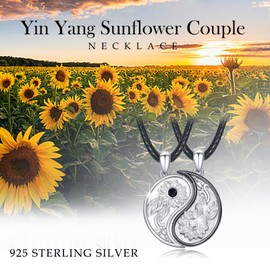 Yin Yang Necklace Sterling Silver Friendship Chains for 2 Pieces Sunflower Pendant for Couple BFF Chain Yin Yang Jewellery Valentine's Day Gifts for Women Men Girlfriend Couple, Sterling Silver