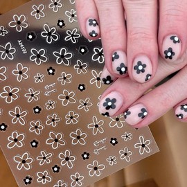 Embossed Flower Nail Art Sticker Decals, Spring Summer Floral Nail Decals, 5D Flower Self-Adhesive Nail Stickers for Women Girls DIY Manicure Black White Floral Nail Decoration Supplies 1 Sheet
