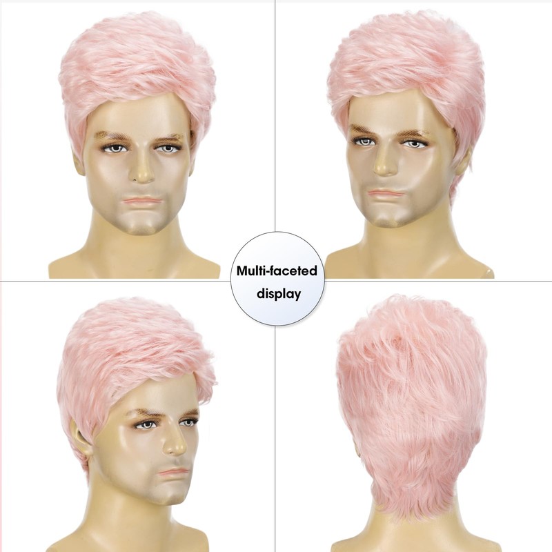 Short Pink Wig for Men, Light Pink Synthetic Halloween Wig