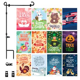Double Sided Seasonal Garden Flags Set of 12-12x18 inch Yard Flags for Outside with Stand & Holder | Weather Resistant Thick Linen Outdoor Lawn flag, Holiday House Flags for Spring, Summer & Winter