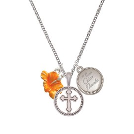 Delight Jewelry Silvertone Hot Orange Hibiscus Flower Silver-tone Give Thanks to God Cross Pendant Necklace, 23"
