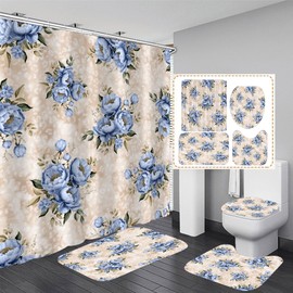 jieprom 4PCS Blue Floral Shower Curtain Bathroom Set with Rugs,Toilet Lid Cover and Bath Mat, Leopard Print Shower Curtain with 12 Hooks,Bathroom Set