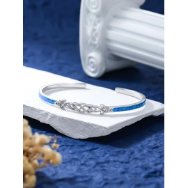 WINNICACA 925 Sterling Silver Bracelet Blue Opal Jewellery Adjustable Cuff Bangle Birthday Gifts for Women, Sterling Silver, Blue Opal