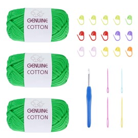 FOGAWA Crochet Yarn for Beginners 3x50g Chunky Yarn for Crochet Chunky Cotton Yarn Thick Wool Green Easy Yarn for Crafts Amigurumi Knitting with 4mm Crochet Hook 4 Plastic Needles 15 Stitch Markers