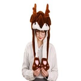 Ear Moving Jumping Animal Hat, Funny Elk Plush Hat Cap for Women Girls Holiday Cosplay Party Dress Up(28 Styles)