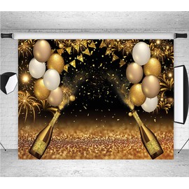 Black Golden Balloons Photography Background Gold Champagne Bokeh Photo Backdrops for Graduation Prom Holiday Party Supplies Father's Day Birthday Decoration Studio Props Banner 7X5ft