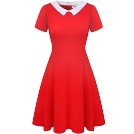 Aphratti Women's Short Sleeve Peter Pan Collar Cute Skater Dress Fit and Flare A-Line Casual Dresses Red Large