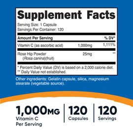 Nutricost Nutricost Vitamin C with Rose HIPS 1025mg, 120 Capsules - Vitamin C 1000mg, Rose HIPS 25mg, Premium, Non-GMO, Gluten Free Supplement