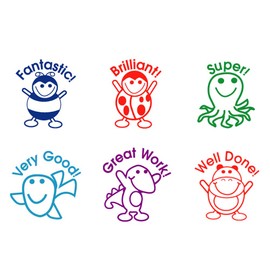 SuperStickers Primary Praise Teacher Stamper Box with 6 Stamps - with Colourful Messages Brilliant, Very Good, Great Work, Well Done, Super & Fantastic!