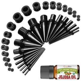 BodyJ4You 37PC Ear Stretching Kit - 14G-00G Beginner Gauges - Aftercare Jojoba Oil - Black Steel Tapers Plugs Screw Fit Tunnels Plugs - Stretchers Expanders Eyelets