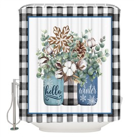 Hello Winter Shower Curtain for Bathroom 72" x 84" Vase Eucalyptus Leaves Buffalo Check Plaid Shower Curtain with Hooks Polyester Waterproof Home Bathtub Decor