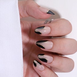 RTKHFZE French Tip Press On Nails Short - Press on Nails Almond,Short Designs Nail Tip with Gold Foil,Glue on Nails for Women,Natural Fit Reusable Stick On Nails in 16 Sizes - 32 Gel False Nails Kit