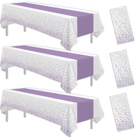 HIPVVILD White and Purple Party Decorations Tablecloth, 3 Pack Disposable Purple Dot Table Cover Printed Table Runner for Birthday Baby Bridal Shower Wedding Anniversary Graduation, 86in x 55in