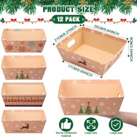Cholemy 12 Sets Large Christmas Basket for Gift Empty Gift Basket Kit Presents Bags Empty to Fill with Handles Wine Bags Kraft Cardboard Tray for Christmas Birthday Party(Brown,Printed)