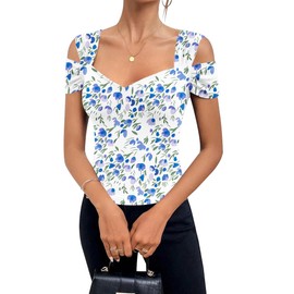 Blingfit Women's T-Shirts Short Sleeve Cold Shoulder Tops V Neck Basic Tee Tops Shirts Floral Printed Boho Blouse S