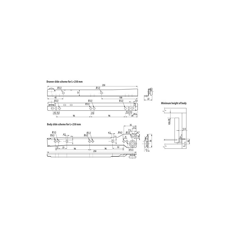 Roller Drawer Slides/Runners Bottom Fix Metal White L:500mm (1pair)