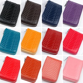 Genuine Leather 11 Card Slots Minimalist Zipper Accordion Purse with Key Ring Strap, Snake Pattern Colorful Slim Multi Pockets Zip Around Wallet, Compact Card Organizer (Red)