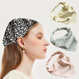 AOREAS 4Pcs Hair Scarf HeadBand Elastic Boho Hair Scarf Vintage Triangle Kerchief Faire Accessories (Small Flower, 12in)