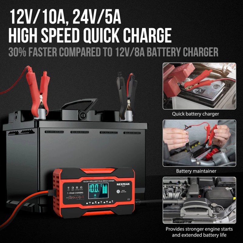 NEXPEAK NC201 10-Amp Battery Charger Smart Trickle Charger 12V 24V