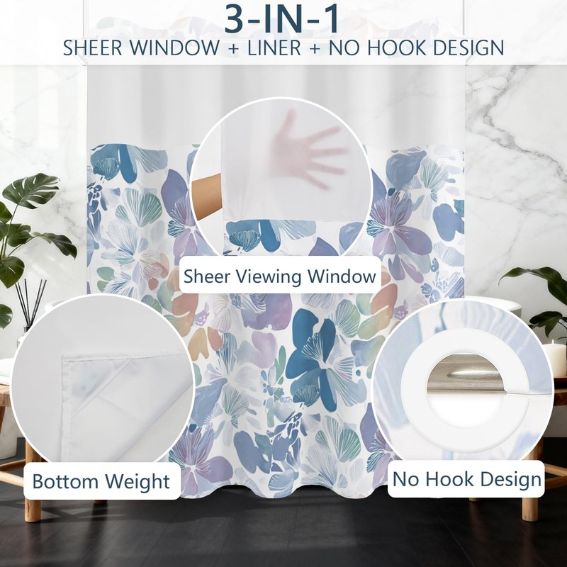NAEMBCU Boho Floral No Hook Shower Curtain with Snap in